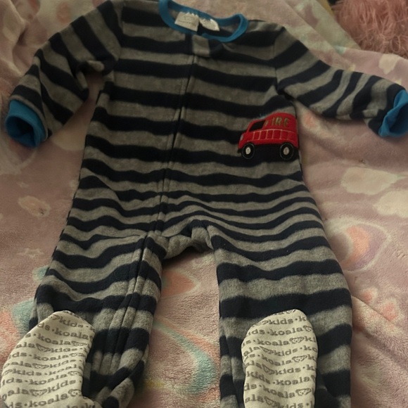 Koala Kids Other - Koala Kids Navy and Gray Striped Footie with Fire Truck